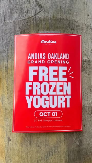Anuncio oficial de Andias Oakland: frozen yogurt gratis el 1 de octubre, de 3 a 7 p. m.